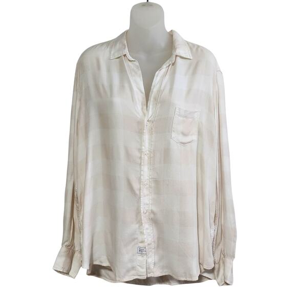 Frank & Eileen EILEEN 100% Modal Button-Up Cream Tan Check Plaid Shirt L $228 - Picture 1 of 9